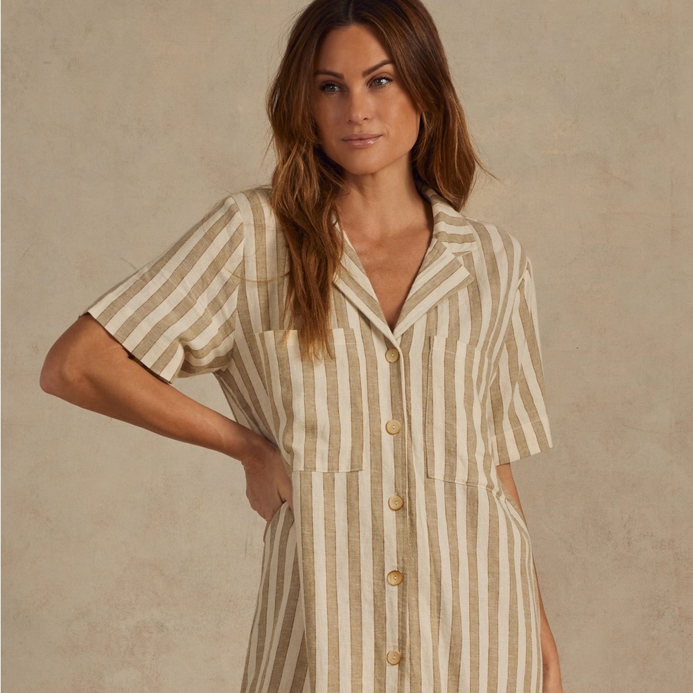 Rylee + Cru Beige and Cream Striped Mini Shirt Dress - Picture 2 of 4